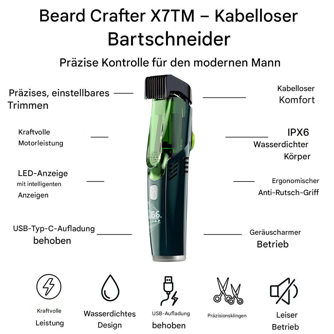 BeardCrafter X7 – Kabelloser Bartschneider mit einstellbarer Länge und USB-Schnellladung