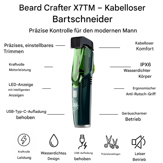 BeardCrafter X7 – Kabelloser Bartschneider mit einstellbarer Länge und USB-Schnellladung