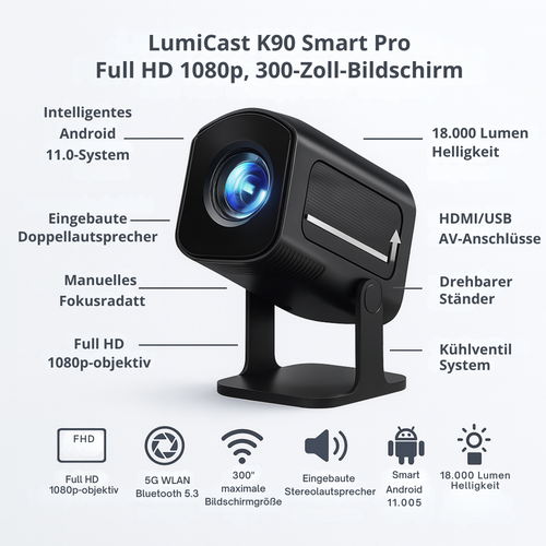 LumiCast K90 Smart-Projektor – Full HD 1080p mit Android-Unterstützung